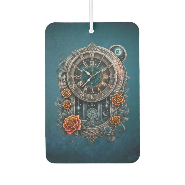 Verzierte Steampunk-Uhr mit Rose. Autolufterfrischer (Vorderseite)