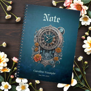 Verzierte Steampunk-Uhr mit Rose. Notizblock