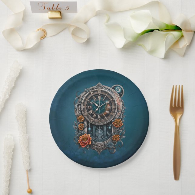 Verzierte Steampunk-Uhr mit Rose. Pappteller (Hochzeit)