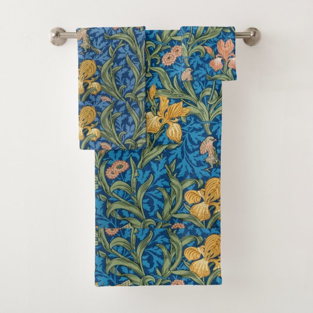 Verzierte viktorianische Rosa-u. Goldiris auf Blau Badhandtuch Set (Insitu)