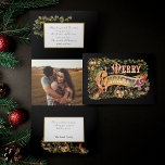 Verzierte Viktorianische Weihnachtsgrüße und Blume Dreifach Gefaltete Urlaubskarte<br><div class="desc">Wunderschön beleuchtet Viktorianische Ära Frohe Weihnachtsgrüße in verzierten dekorativen Schriftart geschmückt mit farbenfrohen Blume,  Vogel-und Goldrollen auf schwarzem Hintergrund. In den Innenflächen sind Vorlagen für zwei Fotos und mehrere bearbeitbare Textfelder enthalten.</div>