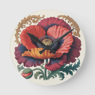 Verzierte Vintage-Mohn-Blumenillustration Runde Wanduhr