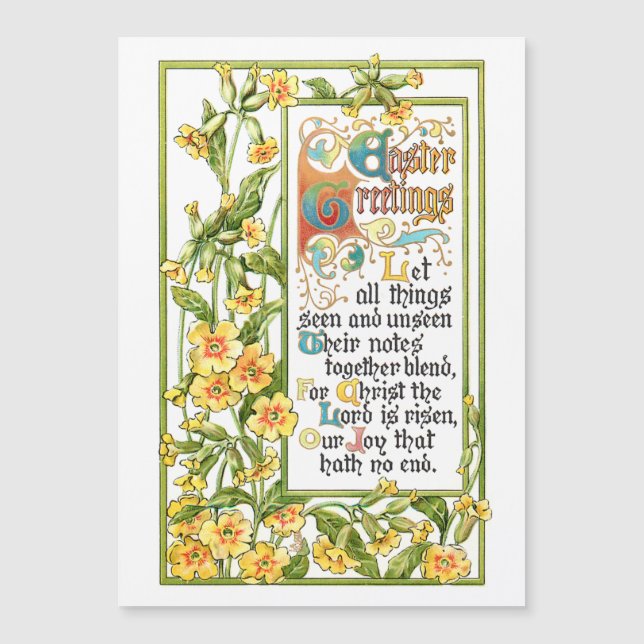 Verzierte Vintage Osterthymne und Primrosen Magnetkarte (Vorderseite)