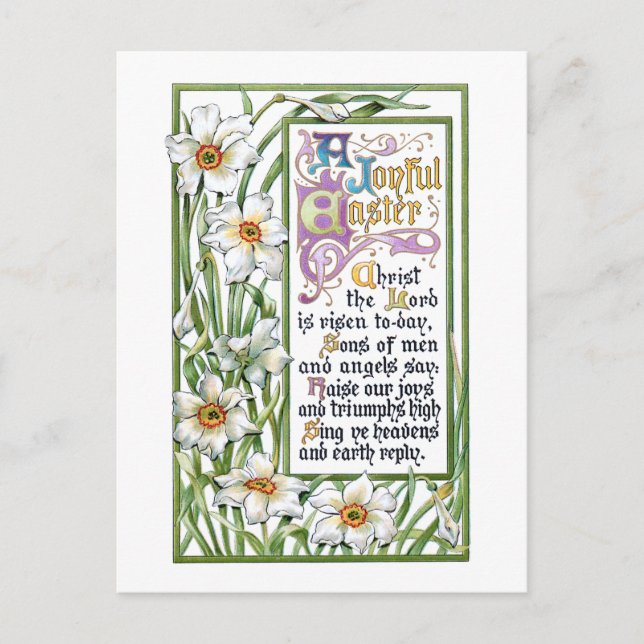 Verzierte Vintage Osterverse & Narcissi Feiertagspostkarte (Vorderseite)