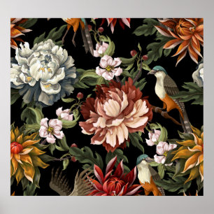 Verzierte Vintage Peonies, Rose, Vögel. Poster
