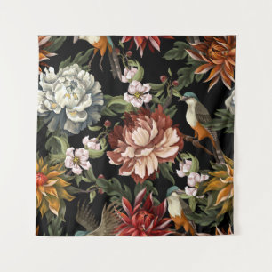 Verzierte Vintage Peonies, Rose, Vögel. Wandteppich