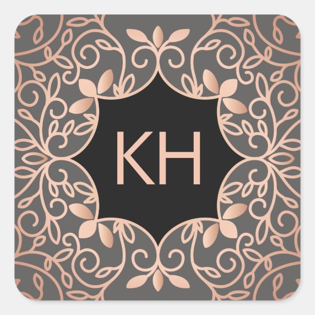 Verzierte Vintage Rose Gold Monogram Quadratischer Aufkleber (Vorderseite)