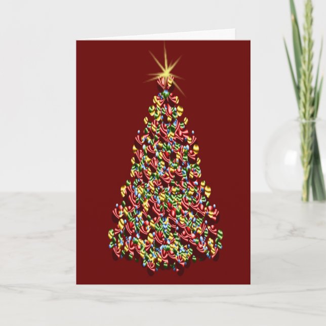 Verzierte Weihnachtsbaum-rote Feiertagskarte (Vorderseite)