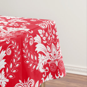 Verzierte weiße BlumenDamasken - Roter Hintergrund Tischdecke