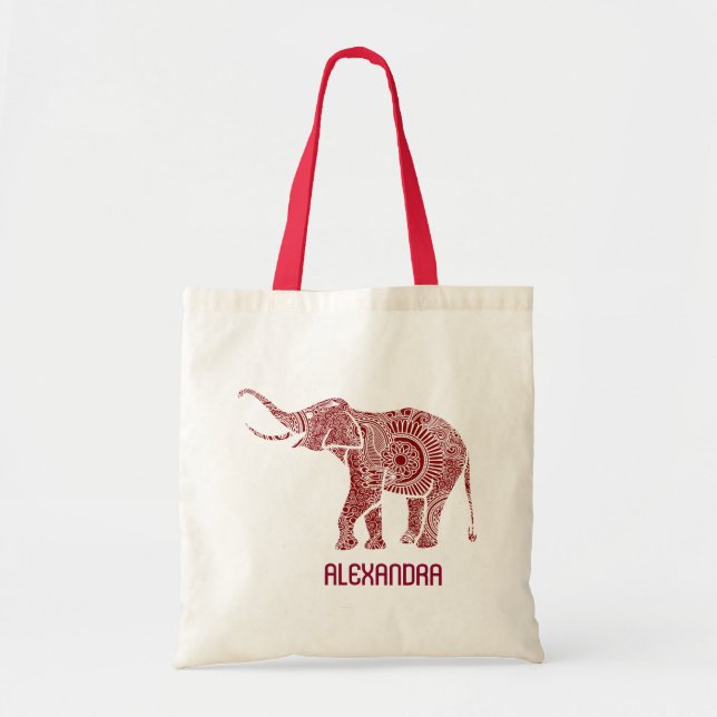 Verzierte Wirbel, rot und weiß, Elephant Monogramm Tragetasche (Vorne)