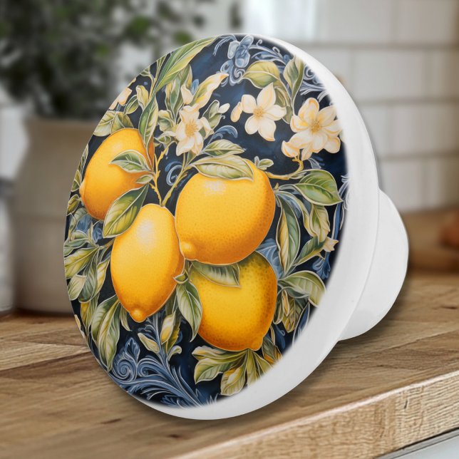Verzierte Zitronen - Navy Keramik Knock Keramikknauf (Ornate Flourished Lemons and Blossoms Navy Drawer Pull Knob - European Kitchen Decor)