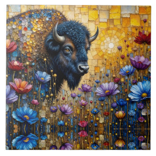 Verzierter Amerikanischer Bison in Blumen Fliese