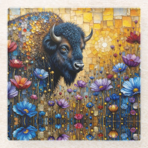 Verzierter Amerikanischer Bison in Blumen Glasuntersetzer