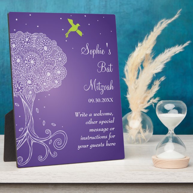 Verzierter Baum Lila Bat Mitzvah Fotoplatte (Seite)