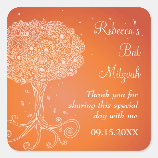 Verzierter Baum Orange Bat Mitzvah Quadratischer Aufkleber (Vorderseite)