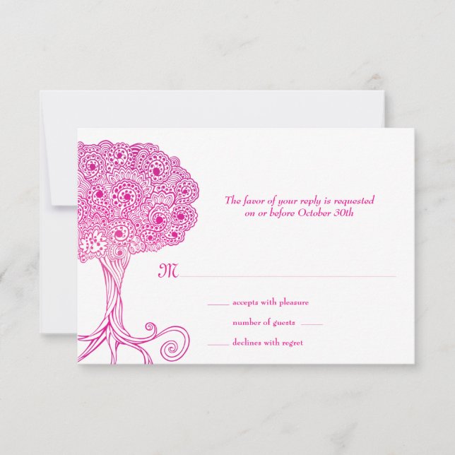 Verzierter Baum Pink Bat Mitzvah UAWG RSVP Karte (Vorderseite)