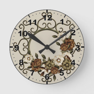 Verzierter bearbeitetes Eisen-Blumenentwurf Runde Wanduhr