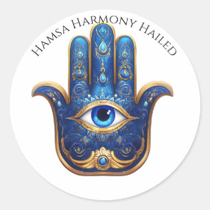 Verzierter Blauer Hamsa Hand mit dem bösen Augensy Runder Aufkleber
