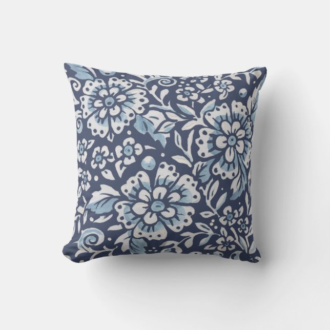 Verzierter Blauwald Damask Blumenwald Kissen (Vorderseite)