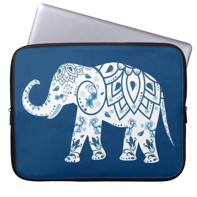 Verzierter Gemusterter Blauer Elefant Laptopschutzhülle (Vorderseite)