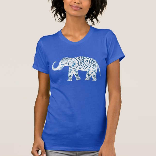 Verzierter Gemusterter Blauer Elefant T-Shirt (Vorderseite)