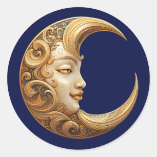 Verzierter Goldener Mond mit Gesicht, Himmelfahrt Runder Aufkleber