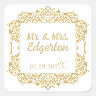 Verzierter Goldrahmen-Hochzeitsplatz Quadratischer Aufkleber