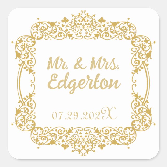 Verzierter Goldrahmen-Hochzeitsplatz Quadratischer Aufkleber (Vorderseite)