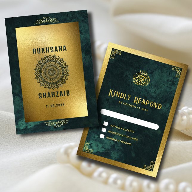 Verzierter Goldrahmen und Smaragdgrüne muslimische RSVP Karte (Von Creator hochgeladen)