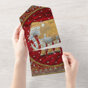 Verzierter Indischer Elefant Rot und Gold All In One Einladung