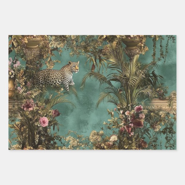 Verzierter Leopard Foliage Lebende Blume Geschenkpapier Set (Vorderseite)