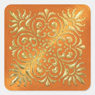 Verzierter Orange- und Goldaufkleber Quadratischer Aufkleber