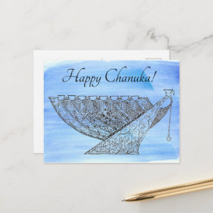 Verzierter Pen und Tinte Chanukah Menorah auf Blue Postkarte