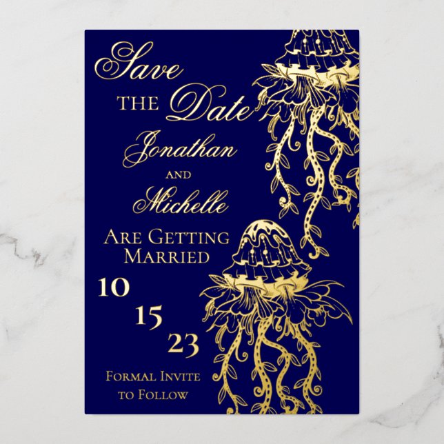 Verzierter Quallen-Goldstrand Save the Date Folieneinladung (Vorderseite)