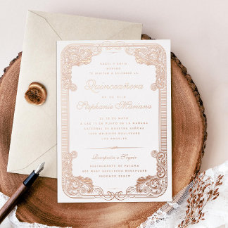 Verzierter Rahmen Spanische Quinceanera Rose Gold Folieneinladung