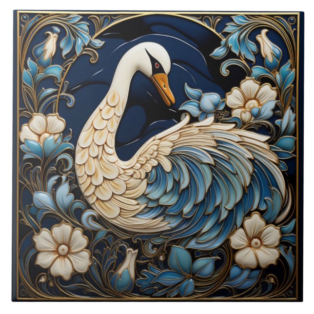 Verzierter Schwan, Blau und Weiß, Vögel und Blume Fliese (Vorderseite)