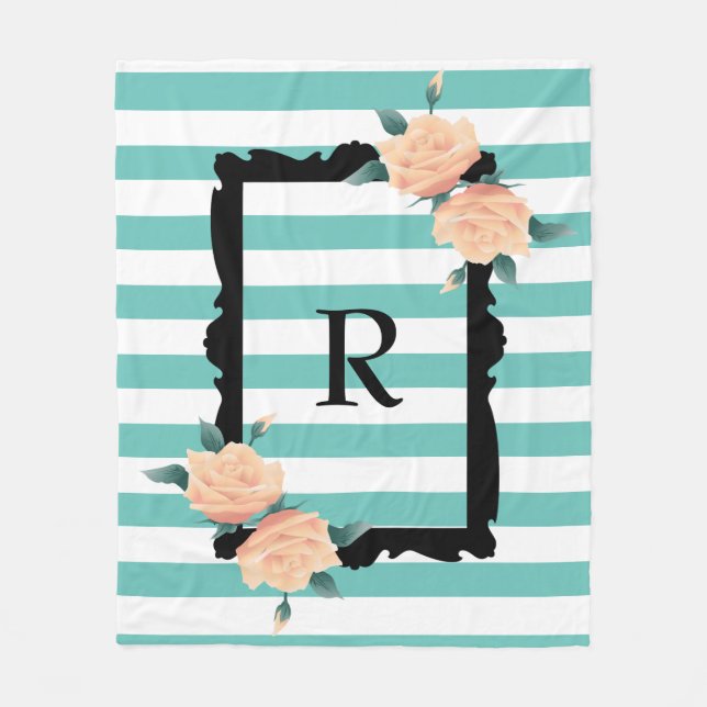 Verzierter Schwarzer Rahmen und rosa Rosenmonogram Fleecedecke (Vorderseite)