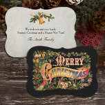 Verzierter Vintager Blumengruß Feiertagskarte<br><div class="desc">Die Weihnachtsgrüße mit verziertem Text auf einem Banner,  der mit heiligen Blume und Blätter geschmückt ist,  und einem Kardinal auf schwarzem Hintergrund.</div>
