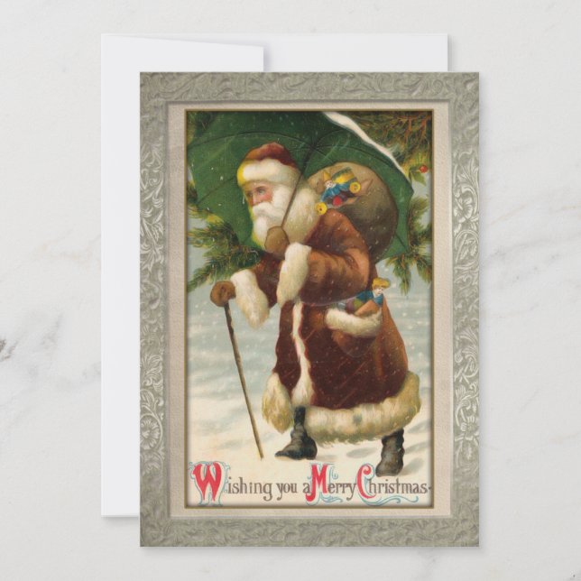 Verzierter Vintager Weihnachtsmann mit Geschenken Feiertagskarte (Vorderseite)