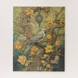 Verzierter Vogel mit goldgelbem Blütenboden und vi