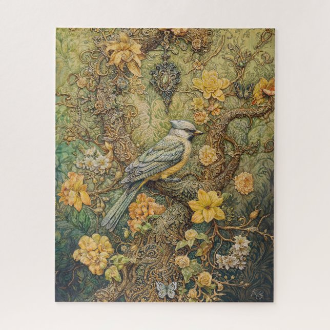 Verzierter Vogel mit goldgelbem Blütenboden und vi (Vertikal)