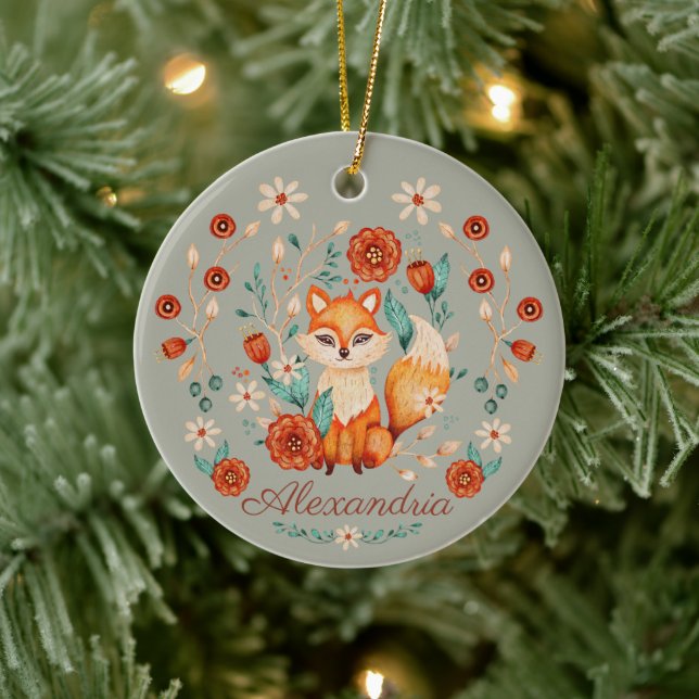 Verzierter Waldfuchs Whimsisches Wasserfarbenjahr Keramik Ornament (Baum)