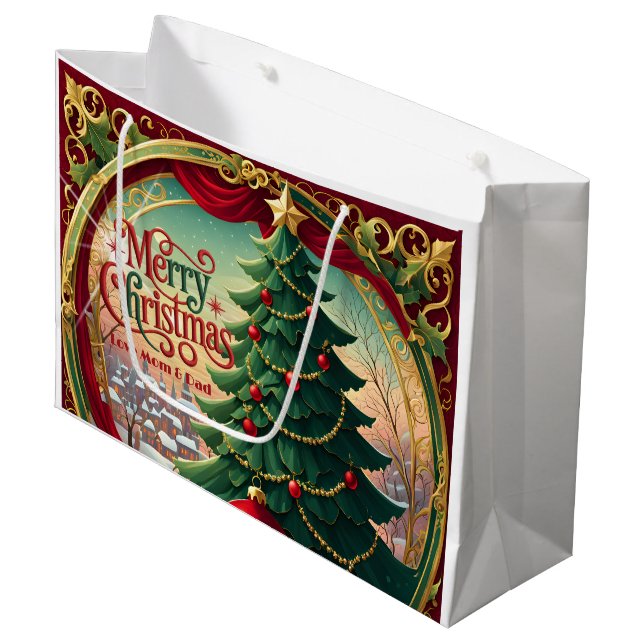 Verzierter Weihnachtsbaum Große Geschenktüte (Vorderseite Schrägansicht)