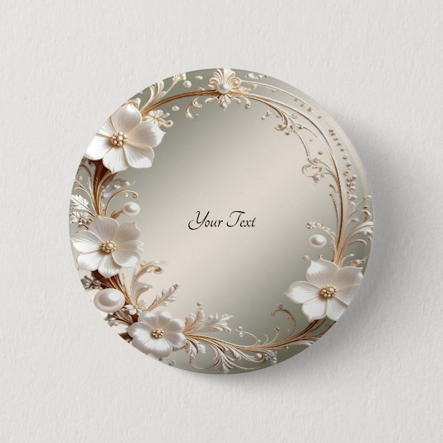 Verzierter weißer Blumenrahmen-Button Button (Vorderseite)