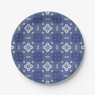 Verziertes blau-weißes Blumenfliesenmuster Pappteller