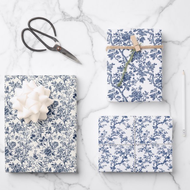 Verziertes Blaues Botanical 3 Geschenkpapier Set (Vorderseite)