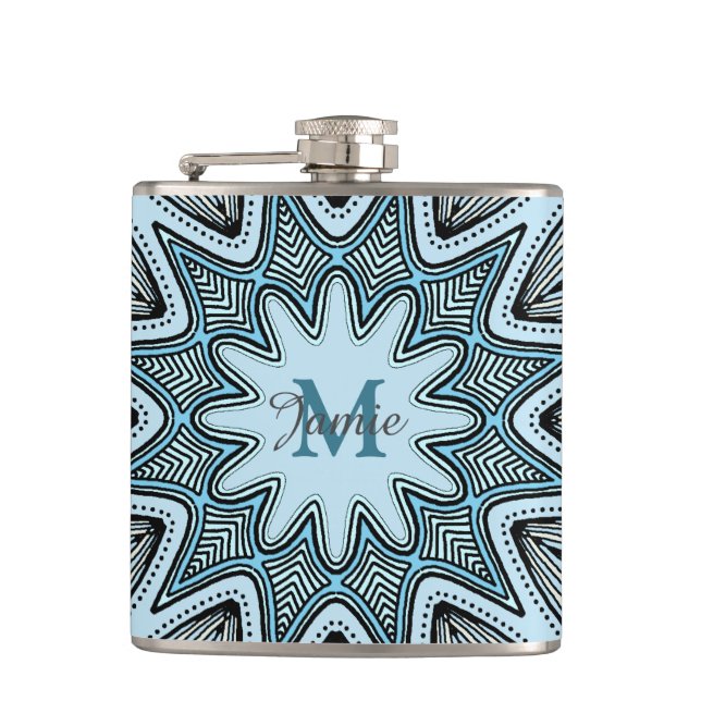 Verziertes blaues Monogramm-Mandala personalisiert Flachmann (Vorderseite)