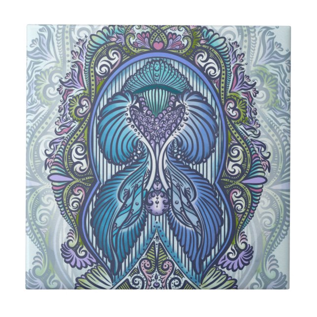 Verziertes Blue & Aquamarin Mandala Design Fliese (Vorderseite)