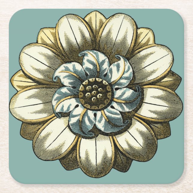 Verziertes Blumenmedaillon auf hellblauem Rechteckiger Pappuntersetzer (Vorderseite)