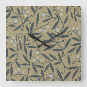 Verziertes Blumenmuster mit dunkelblauen Ranken Quadratische Wanduhr